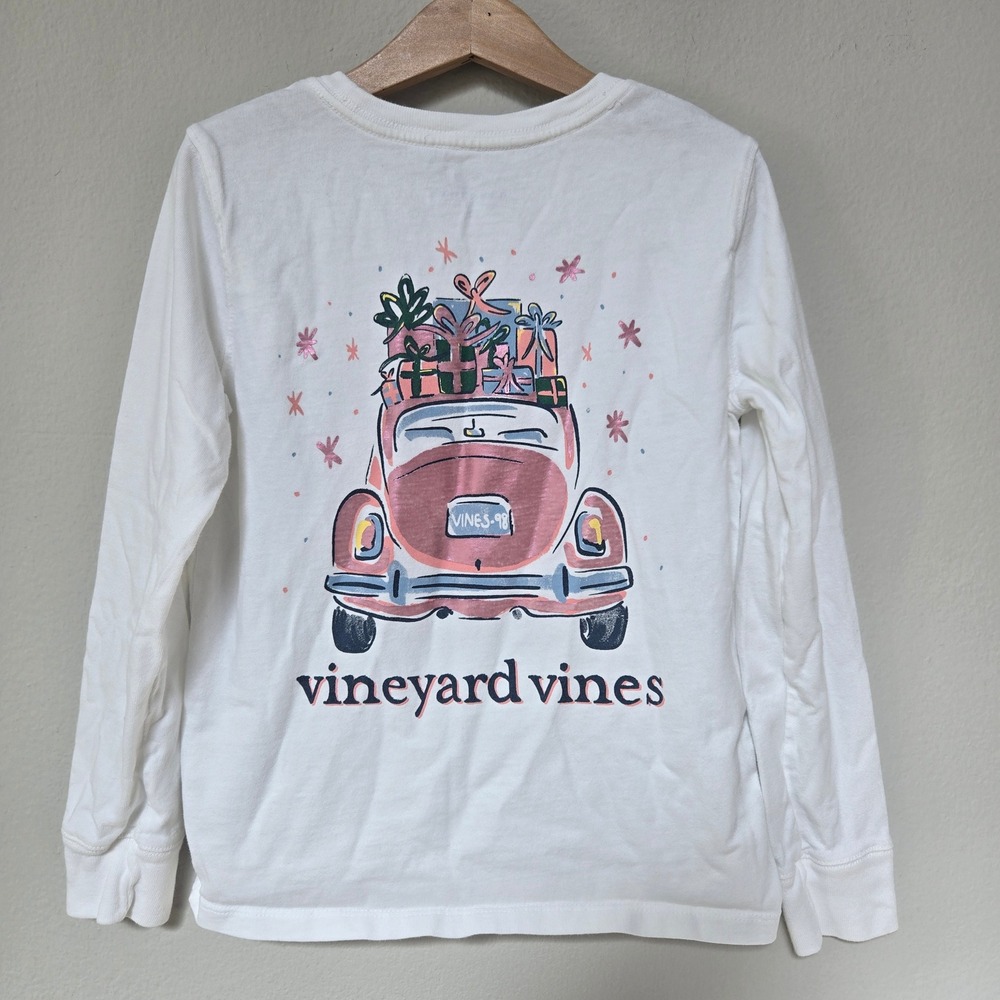 Vineyard Vines Graphic Tee Kids 7 White Holiday Car Long Sleeve Christmas Shirt